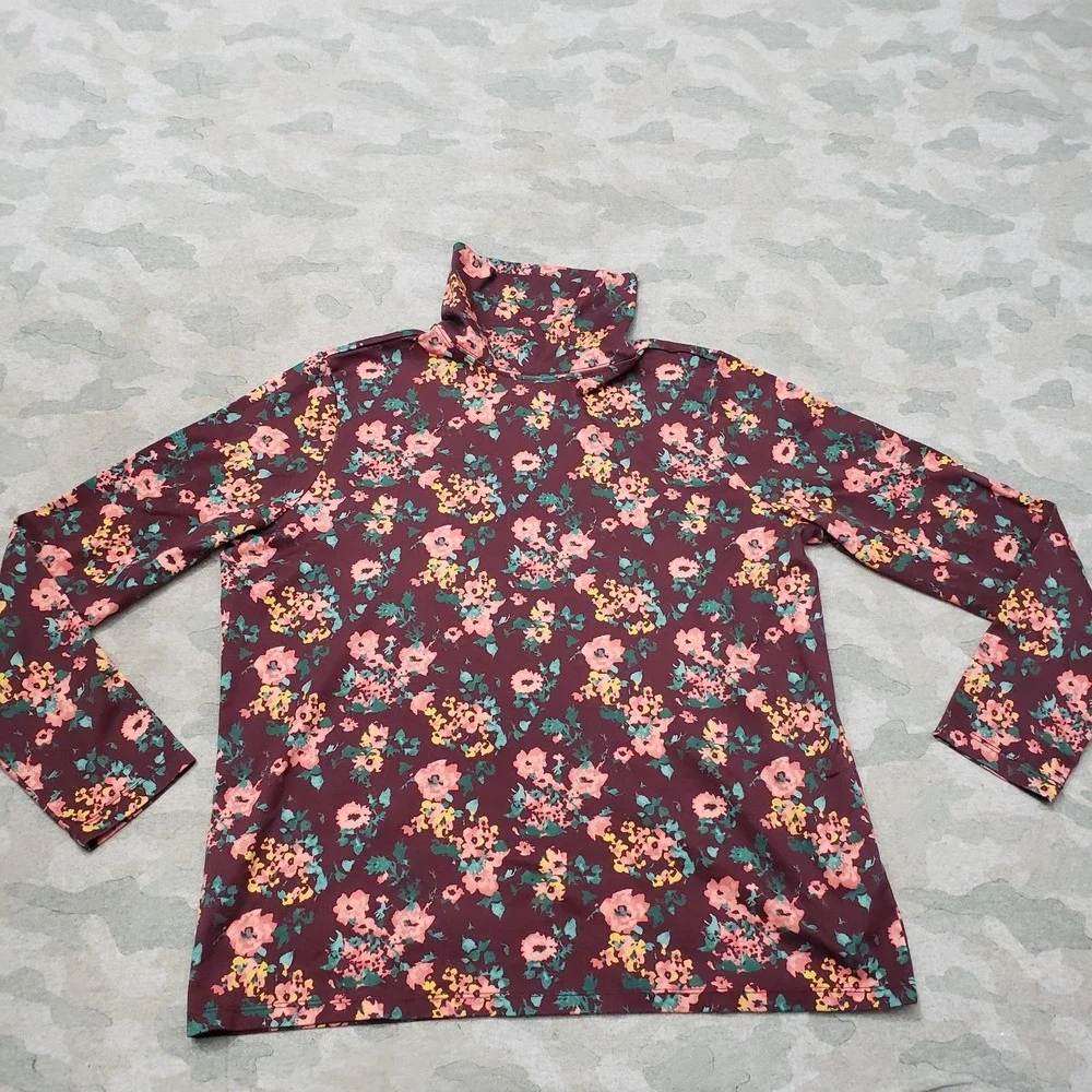 L.L. Bean‎ Top Womens XL Red Pullover Long Sleeve Mock Neck Floral